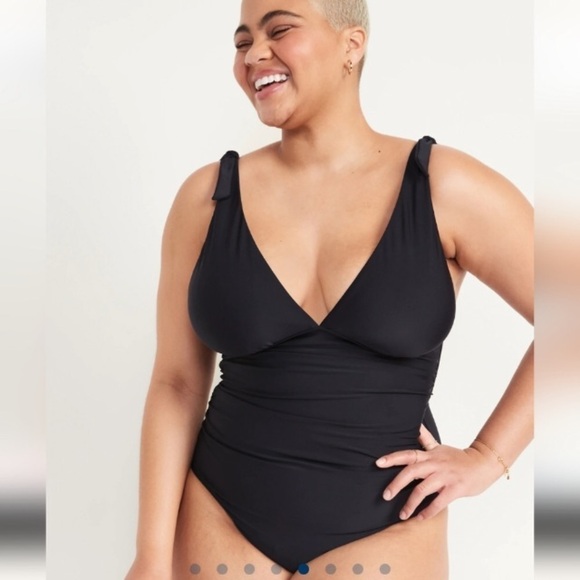 NWT! Black Tie Shoulder Ruched Plunge One-Piece Swimsuit - Multiple Sizes 💎 - Picture 5 of 10
